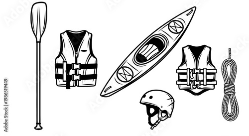 Kayaking equipment set on white background.