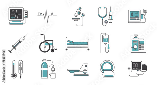 Medical equipment and hospital icons.