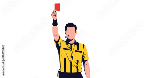 Soccer referee in a yellow uniform holding up a red card to signal a foul, shown as a vector illustration against a plain white space.
