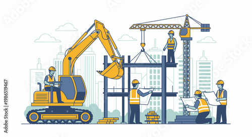 Construction workers with excavator and crane.