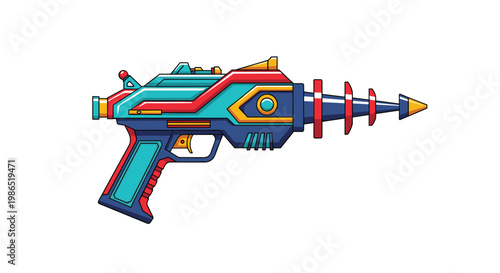 Futuristic ray gun or sci-fi laser pistol with a colorful blue, red, and yellow design and a pointed energy barrel for a toy or game project.