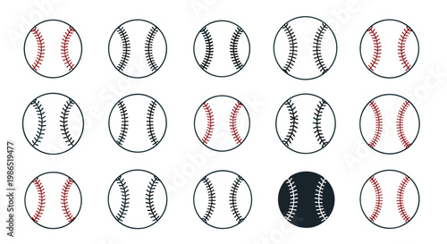 Array of baseballs with red and black stitching patterns arranged in a grid, including one black ball for a unique design contrast.