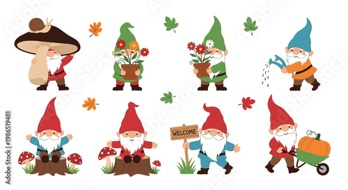 Collection of charming garden gnomes in various activities like gardening, holding flowers, and carrying a pumpkin, set on white.