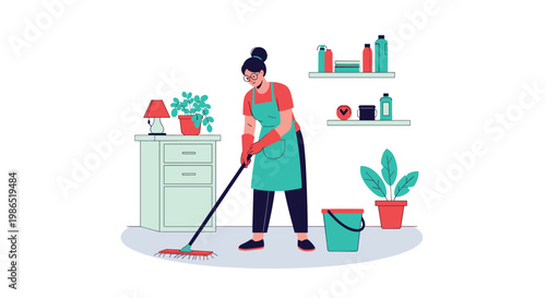 Woman wearing an apron and glasses mopping the floor in a tidy room with shelves, plants, and cleaning supplies nearby on a white background.