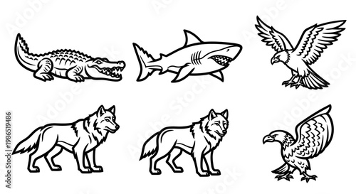 Animals including crocodile shark eagle.