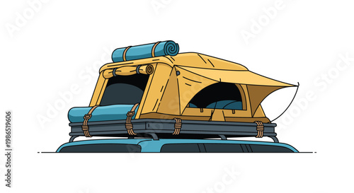 Modern rooftop tent mounted on top of a car roof rack, ready for an outdoor camping adventure and overland travel, shown as a clean illustration.
