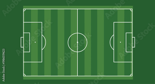 Aerial view of a green soccer field with white boundary lines and goal areas, shown in a clean and symmetrical vector illustration.