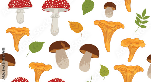 Forest-inspired seamless pattern showcasing various mushrooms like fly agaric and chanterelles alongside colorful autumn leaves.