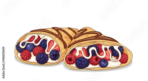 Two delicious crepes or thin pancakes filled with white cream and fresh berries like blueberries and raspberries, topped with chocolate.