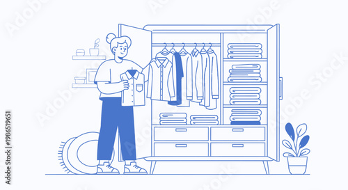 Woman folding clothes in wardrobe.