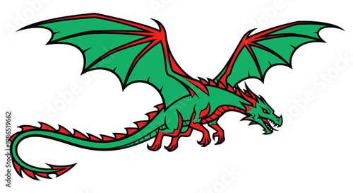 Green Dragon with Red Accents Flying.