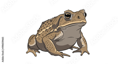 Detailed illustration of a large common toad sitting on a white background, highlighting its bumpy skin and large, dark eyes.