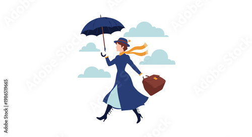 Famous nanny character floating through the air with an umbrella and a bag against a cloudy sky in a classic cartoon illustration style.