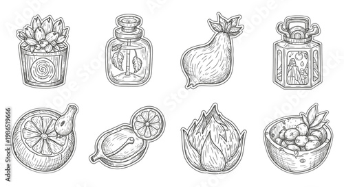 Food and drink objects line art.