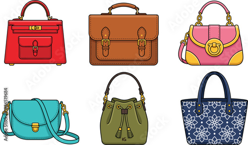 Flat Illustration of Colorful Handbags in Various Styles Including Tote, Satchel, Crossbody, and Designer Bags for Fashion and Accessories Design