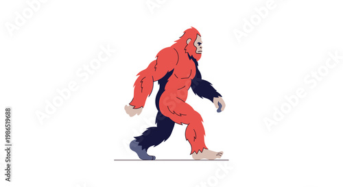 Red and navy blue sasquatch character walking in a side profile view depicted in a minimalist cartoon style on a white background.