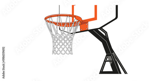 Basketball hoop with an orange rim and a white net attached to a backboard and stand in a graphic sports illustration format.
