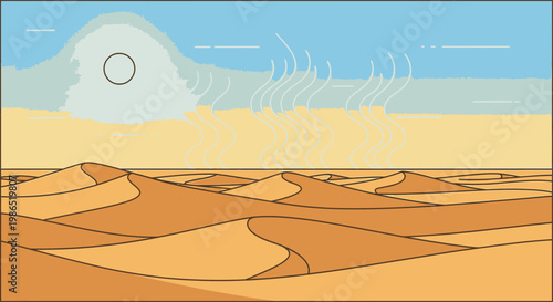 Dunes landscape with sun in background.