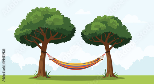 Relaxing colorful hammock tied between two large green trees in a peaceful park or meadow setting under a soft blue sky for vacation.