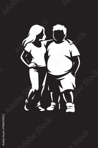 A beautiful girl stand with a fatty boy together  in black and white silhouette with black background vector  
