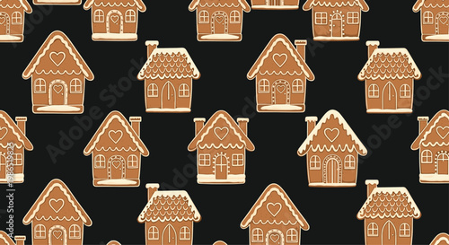 Festive pattern of gingerbread houses with heart decorations and snow-covered roofs on a dark background for christmas holiday themes.