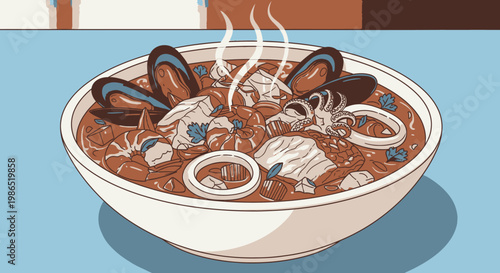 Steaming bowl of seafood soup.