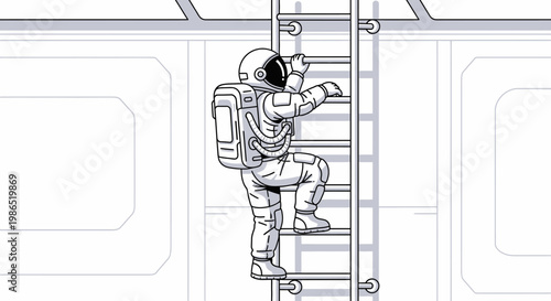 Astronaut climbing metal ladder slowly.