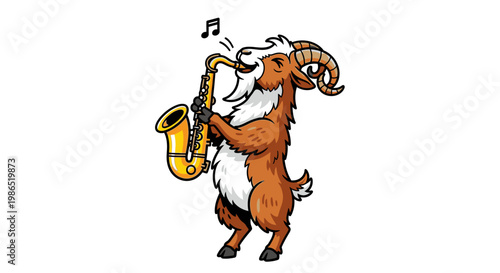 Goat playing a saxophone musically outdoors.