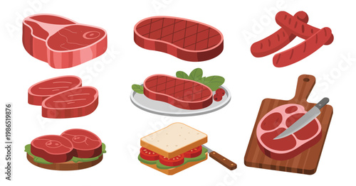 Beef steak and meat cuts icon set, ribeye steak grilled steak sliced beef meat sandwich butcher knife cutting board, food preparation butcher shop concept, clean vector illustration.