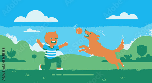 Boy and dog playing outside happily.