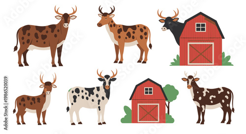 Cows and bulls in farm setting.