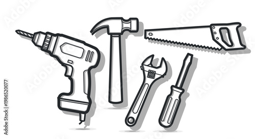 Drill hammer saw wrench screwdriver tools.