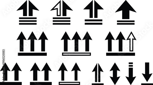 Arrow Icon Set with Various Up and Down Arrows, Including Stacked and Linear Arrow Designs for Navigation and Directional Signs in Black and White