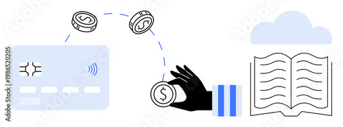 Financial services, online transactions, electronic payments, cloud storage, digital economy, fintech. Hand holds coins, card processes payments cloud and book imply digital data. Online