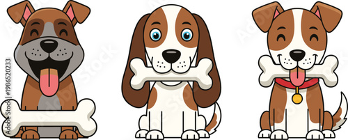 Cartoon Dog Vector Collection Featuring Cute Pet Characters with Bones and Playful Expressions