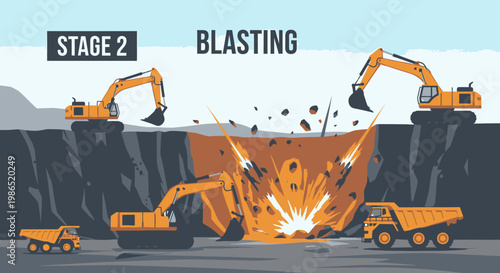 Heavy machinery mining operations blasting site.