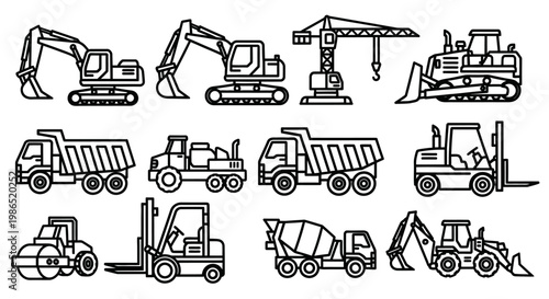 Heavy construction equipment vehicles icons.