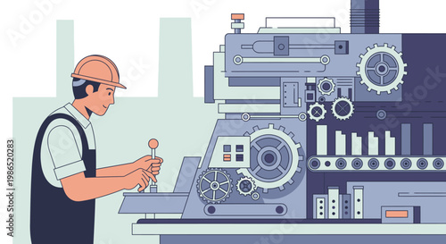 Man working on industrial machine tool.