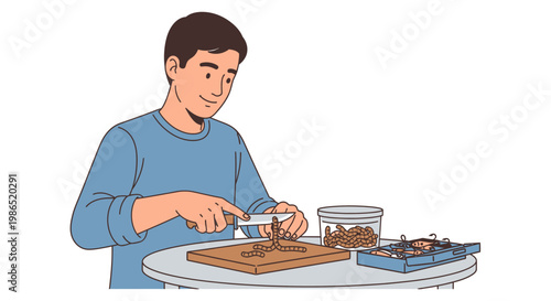 Man cutting wood with a knife.