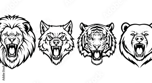 Roaring animal heads in line.