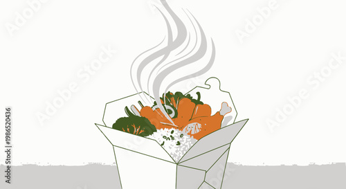 Steaming takeout food in box.