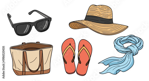 Summer vacation accessories on white.