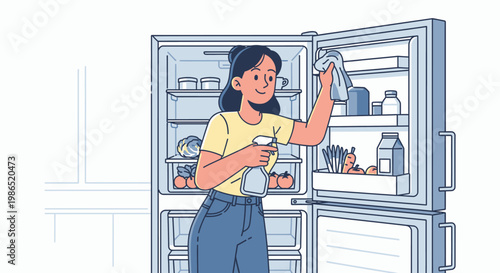 Woman cleaning inside refrigerator with rag.