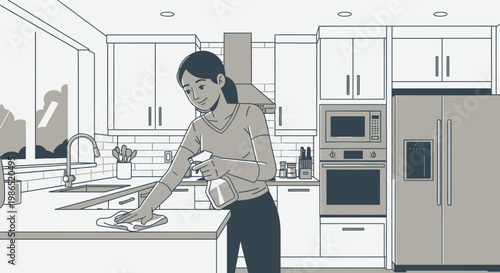 Woman cleaning kitchen counter surface.