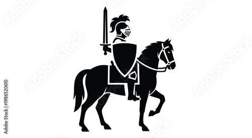 A bold vector illustration depicting a medieval knight in full armor, wielding a sword and shield, riding majestically on a powerful warhorse, embodying strength, chivalry, and historical valor.