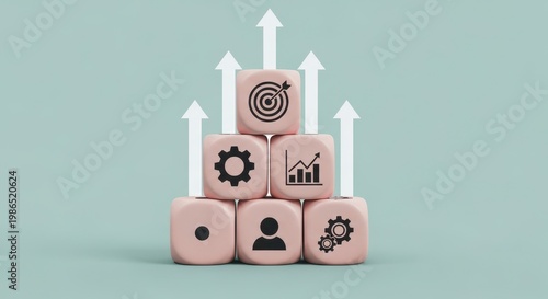 Pink dice with business icons stacked with upward arrows
