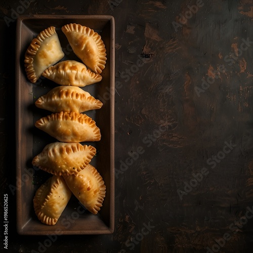 Crispy empanadas arranged neatly, bird’s eye view, rustic table with summer lighting, minimal props, top-down composition, space for text