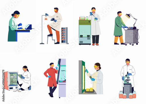 Set of vector illustrations featuring professional film crew members and directors using megaphones and movie production equipment on a white background.