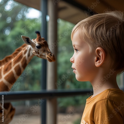 Child watching giraffe through glass, over-the-shoulder shot, soft defocused zoo background, natural lighting, emotional connection, copy space