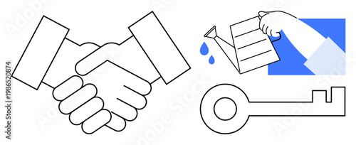 Partnerships, growth, security, trust, opportunity, collaboration. Handshake, watering plant and key in minimalistic style. Partnerships and growth by handshake and watering action